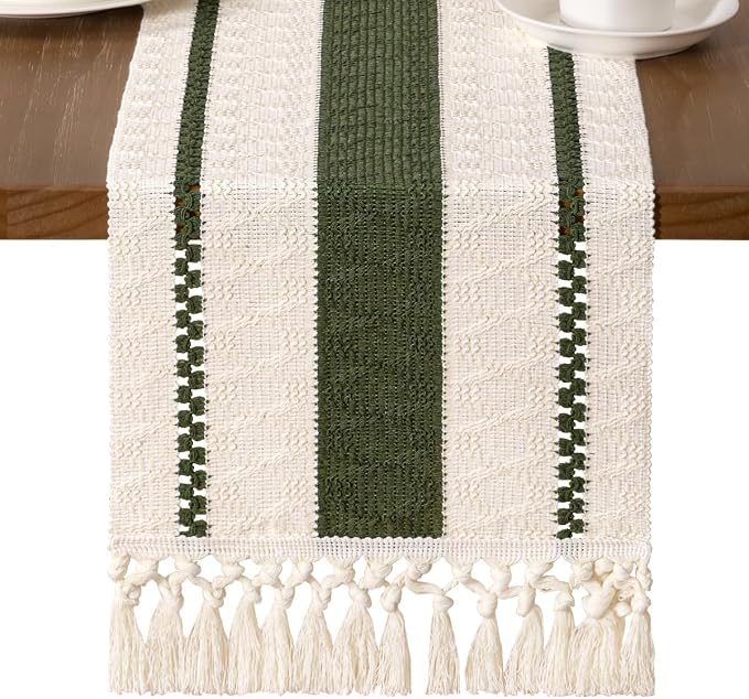 MLMW Boho Table Runner 60 inches Olive Green&Ivory Small Coffee Table Runner by MLMW