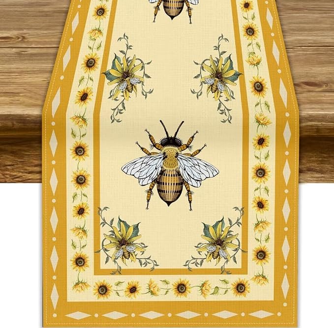 Honey Bee Table Runner, Farmhouse Yellow Sunflower Retro Summer Linen Tables by JanJCurt