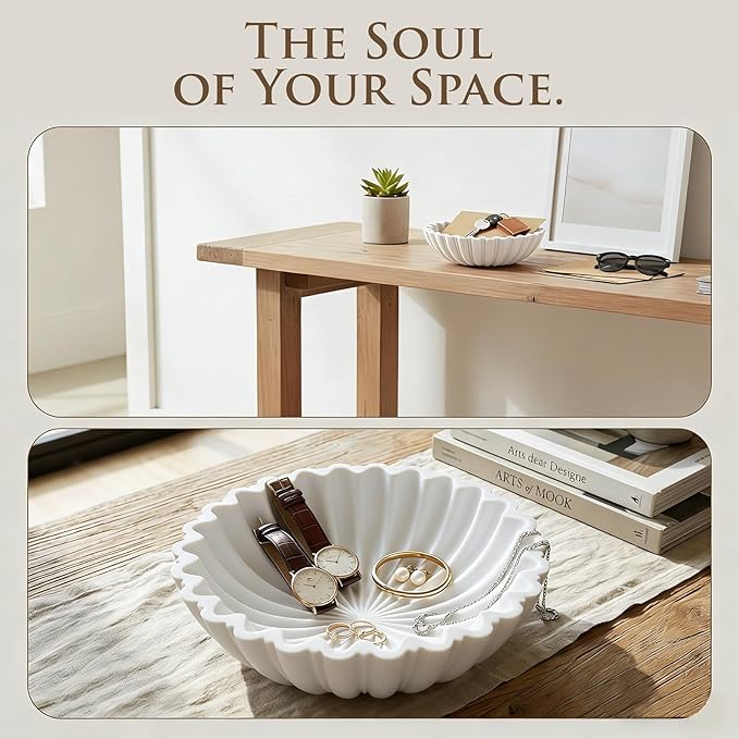 White Decorative Bowl Modern Home Decor - 10.6" Large Resin & Sandstone Centerpiece Bowl for Entryway Table, Coffee Table, Kitchen Counter or Serving Fruit, Keys, Candy