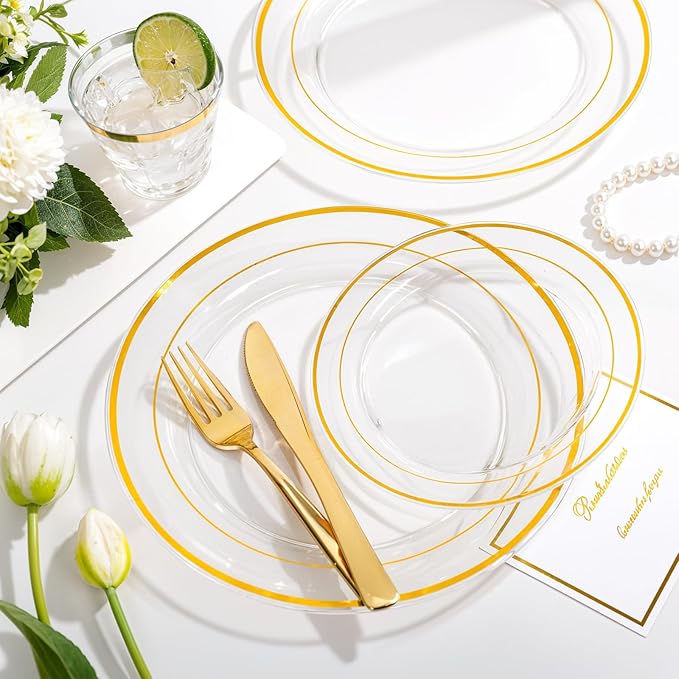 bUCLA 600PCS Clear Plates with Gold Trim - Clear Gold Dinnerware Set Disposable Include 100 Dinner/100 Dessert Plates, 100 Knives, 100 Forks, 100 Spoons, 100 Cups for Wedding, Party