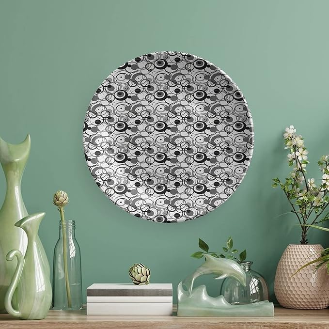 Ceramic Plates, Abstract Decorative Ceramic Plates, Monochrome Circles Dots Surreal Geometric Modern, 10 Inch, Household Plates Decorative, Grey Black White