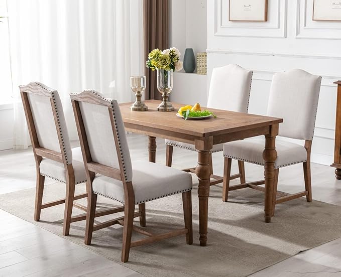 CIMOTA Mid Century Modern Dining Chairs Set of 6, Farmhouse Upholstered Dining Room Chairs Comfortable Kitchen Side Chairs with High Back/Natural Solid Wood Frame, Linen Beige