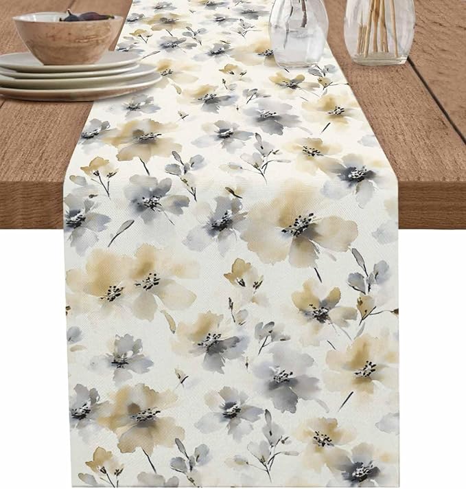 Watercolor Flower Short Table Runners 36 Inches, Cotton Linen Fabric Table by Edwiinsa