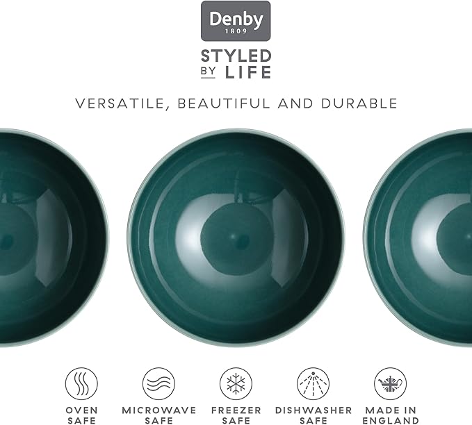 Denby - Carved Green Cereal Bowls Set of 4-6.75 Inch - Dishwasher Microwave Oven Safe - Uniquely Textured Porcelain Cereal Bowls - Scratch Chip Resistant