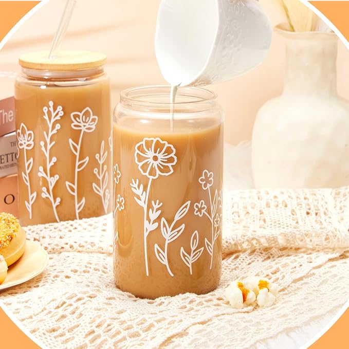 Mumufy 12 Pack Glass Cups Gift Aesthetic Cute Glass Cup Tumbler Flower Iced - Image 4
