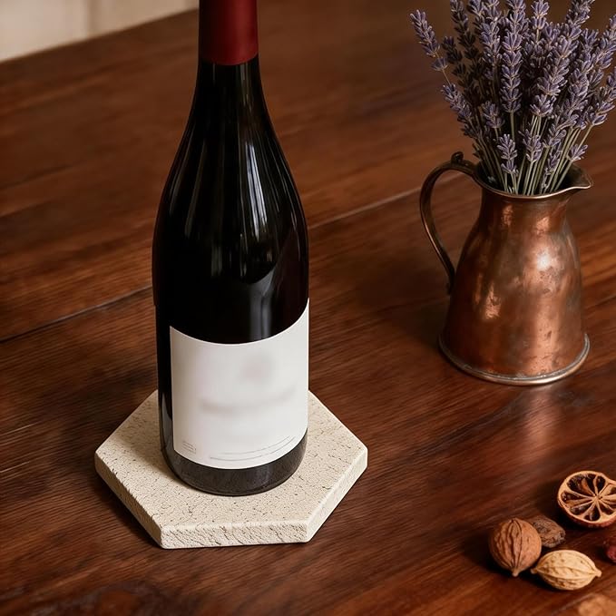 Natural Marble Coasters, Hexagonal Costers, Luxury Aesthetic Modern Decor for Coffee Table Bar Kitchen Home, Travertine Marble, Real Natural Semi Absorbent Stone Coasters