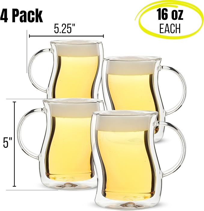 BTaT- Double-Walled Beer Mugs, 16 oz, 4 Pack, Double-Walled Glass - Image 2