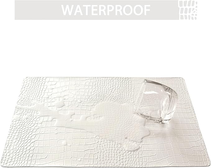 Jovono Faux Leather Placemats Set of 6, Waterproof & Heat Resistant Dinner Place Mats for Dining Table, Non-Slip Crocodile Embossed, White (17.8x11.8 Inch)