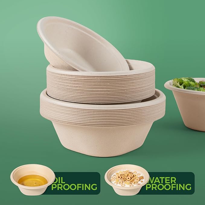24 OZ Heavy Duty Disposable Bowls - Eco-friendly Sugarcane Bagasse - Biodegradable and Compostable - Ideal for Cereal, Rice, French Fries [100 Pack]