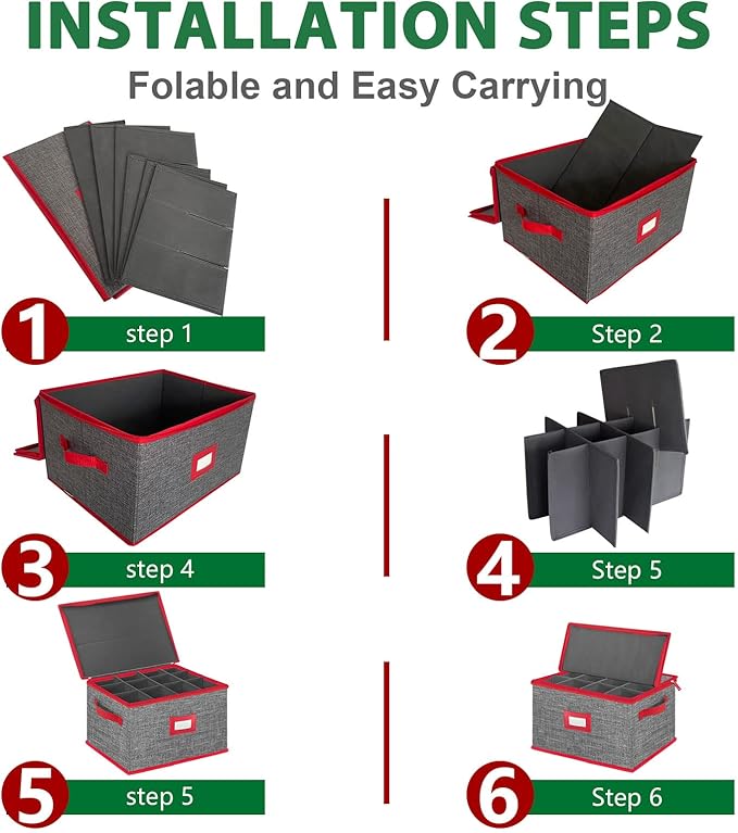 VERONLY Wine Glass Storage Box with Dividers, Stemware Storage Case Hard Shell Stackable for Up to 12 Glasses, Crystal Glassware Containers for Holidays (Grey and Red)