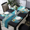 Turquoise Abstract Modern Table Runner and Placemats Set of 6 | Long Teal Blue by TQFZP