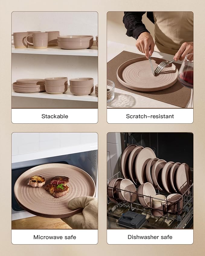 Stoneware Dinnerware Sets for 4, Plates and Bowls, Chip & Scratch Resistant - Image 5