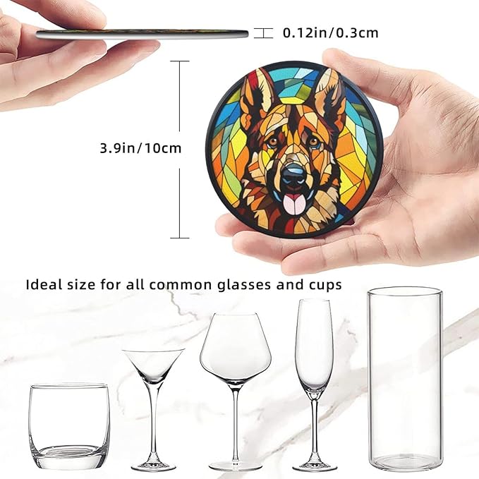 Drink Coaster Set of 6, German Shepherd Dog Mom Lover Gift,Leather Drink Coasters with Holder,6 Pack Cup/Bar/Drink Coasters for Table/Drinks/Coffee Protection Housewarming Gift