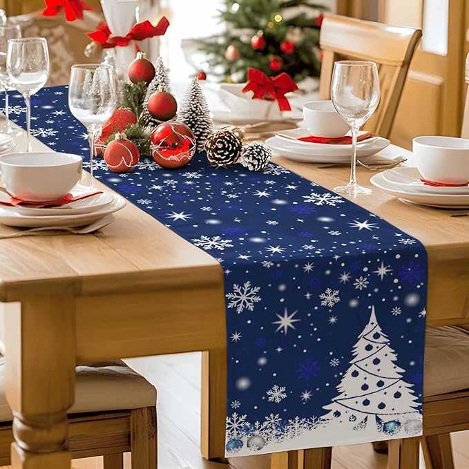 Navy Blue Christmas Tree Table Runner 108 Inches Long, Xmas Balls Snowflake - Image 9