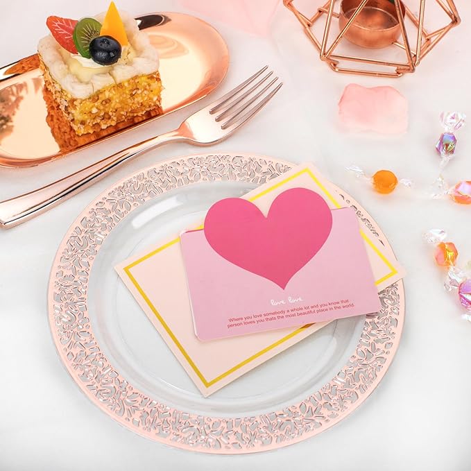 I00000 72 Pcs Rose Gold Dessert Plates 7.5" & 72 Pcs Disposable Forks 7.4", Lace Design Plastic Salad Plate, Plastic Appetizer Plate for all Holidays Perfect for Party & Wedding