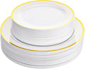 Aya's Cutlery Kingdom 100 White and Gold Plastic Plates for Thanksgiving Dinner - Fancy Plate for Party - 50 (10") Dinner and 50 (7.5") Salad Plates - Heavy Duty, Elegant Disposable Tableware Set