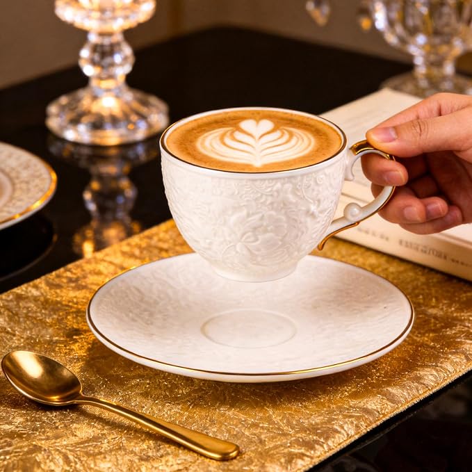 KAMMAK Tea Cups and Saucers Set of 2, Fine Bone China Coffee Cups, GH021 | - Image 3