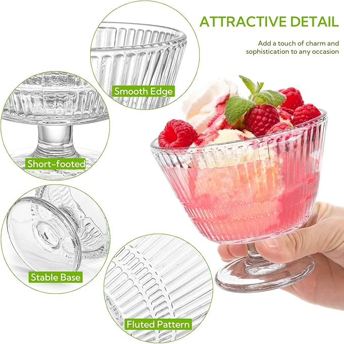 6 Pack Glass Dessert Bowls Set, 10.8 Oz Vintage Ice Cream Cups with Pedestal, Fluted Sundae Dishes Pudding Footed Bowl for Ice Cream, Dessert, Parfait, Candy, Fruit