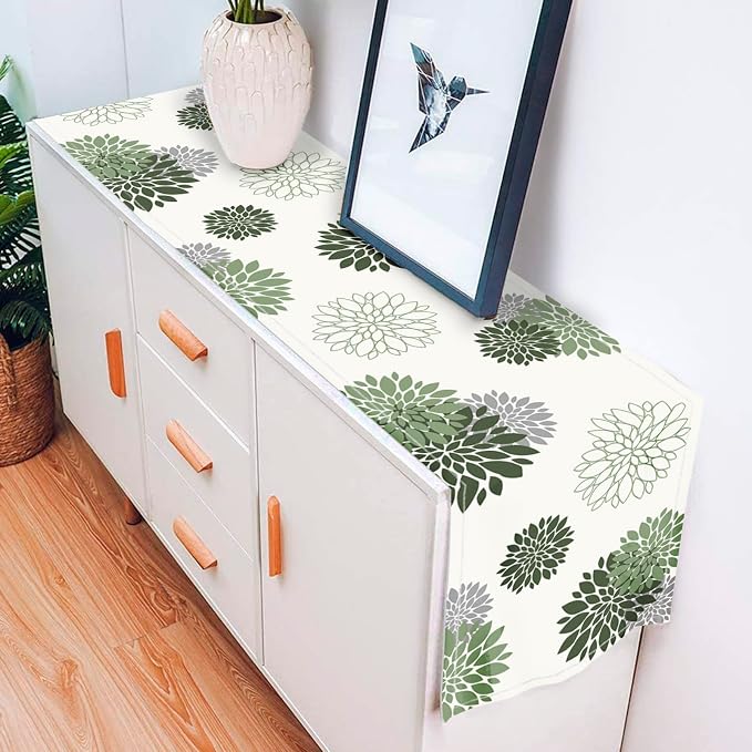 Sage Green Gray Table Runner Dahlia Pinnata Flower Beige Table Runners Modern - Image 4