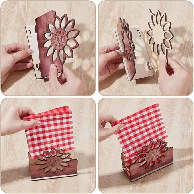 4 Sets Sunflower Napkin Holder, 5.51 x 2.56 x 4.72 Inch Wooden Cocktail Napkin Stand Wood Farmhouse Table Decor Rustic Kitchen Countertop Napkins for Kitchen Counter Dining Room