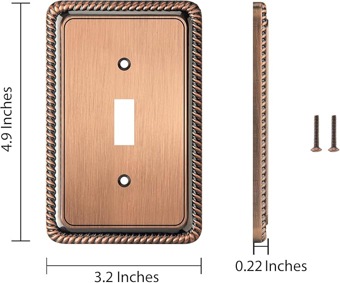 Henne Bery Rope Edge Decorative Wall Plate Switch Plate Outlet Cover (Single Toggle, 2 Pack, Antique Copper)