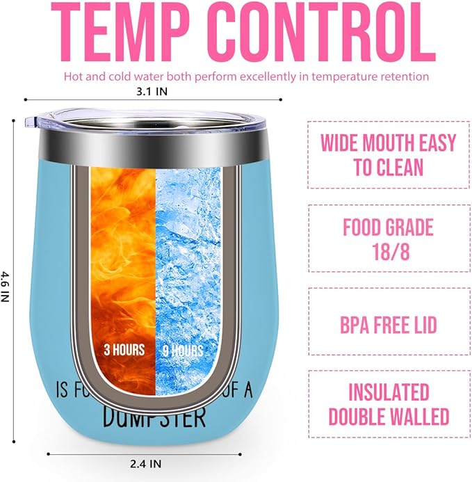 4PCS 12 oz Insulated Wine Tumbler with Lid, Funny Dumpster in Fire Stainless Steel Travel Tumbler Cups, Stemless Double Wall Vacuum Travel Mug for Coffee Wine Cocktail, Novelty Gifts for Women