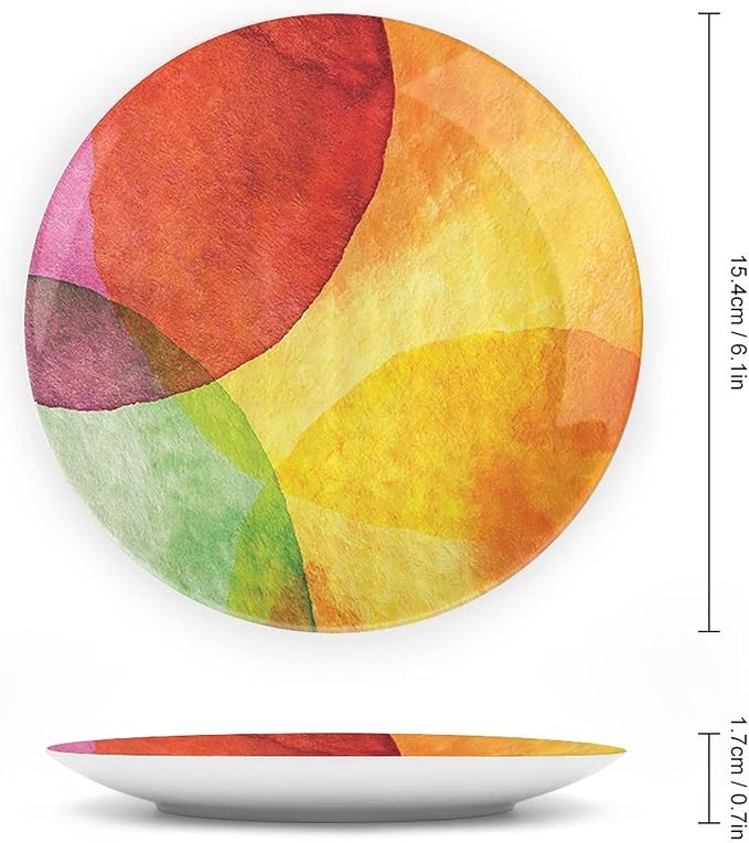 Decorative Plates, Abstract Print Ornament, Watercolor Style in Modern Art Design, 10 Inch, 1 Plate with 1 Display Stand, Yellow Orange Lime Green