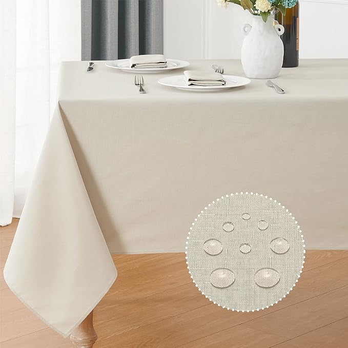 2 Pack Rectangle Tablecloth, 60x84 inch, Water Resistant Wrinkle Free Linen Textured Table Cloth Washable, Decorative Fabric Table Cover for Dining, Party and Camping, Beige