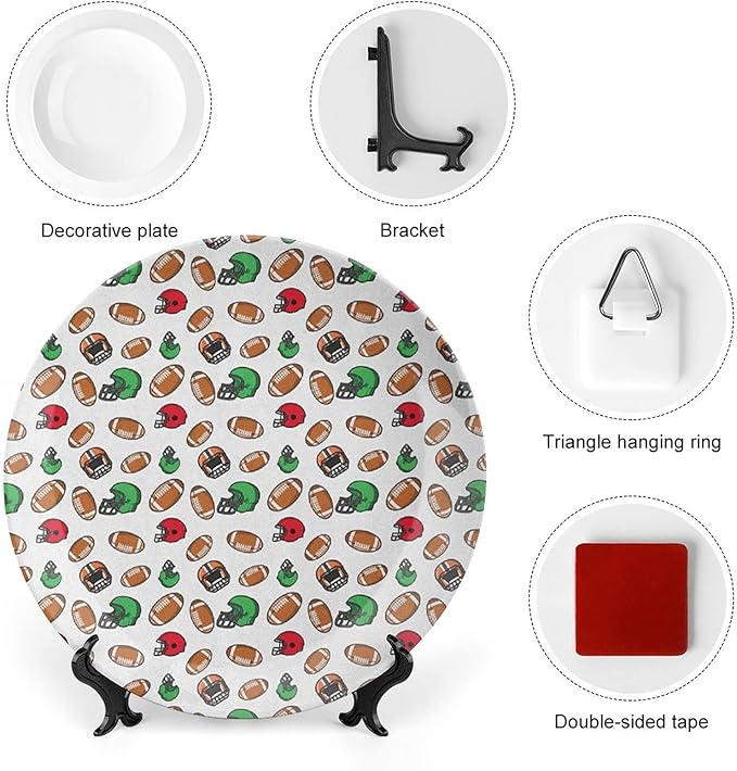Ceramic Display Plate, American Football Ceramic Hanging Decorative Plate, Cartoon Style Rugby Icons Balls American, 6 Inch, Household Custom Ceramic Plate, Multicolor