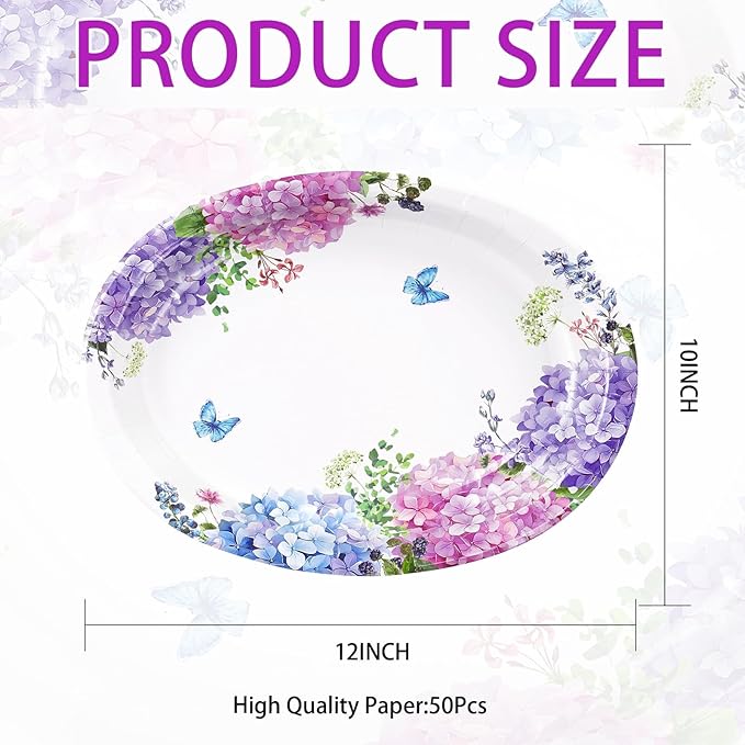 50 Pcs Hydrangea Flowers Oval Paper Plates Large 10"x12" Blue Purple Pink Hydrangea Floral Plates Disposable Heavy Duty Flower Plate for Spring Wedding Bridal Baby Shower Decoration Tea Party Supplies
