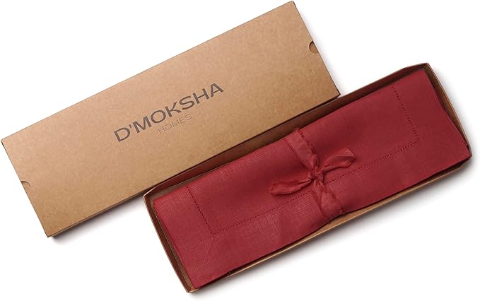 D'Moksha Homes Red Linen Placemats Set of 6 - Classic Hemstitch Placemats 14 x 19 Inch - 100% Pure Linen Table Mats for Valentines, Spring - Handcrafted and Machine Washable