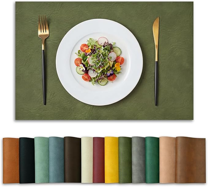 Artoid Mode Olive Green Faux Leather Placemats Set of 6, 12x18 Inch Waterproof Wipeable Heat Resistant Vinyl Place Mats, Reversible Table Mats for Kitchen Dining Decor