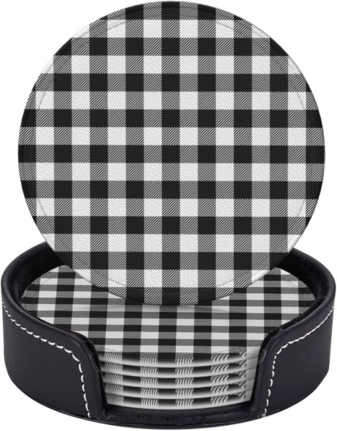 6 Pcs Black White Striped Plaid Leather Coasters - Image 2