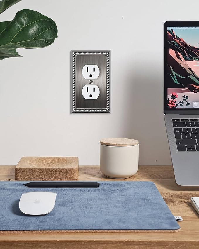 6-Pack Duplex Outlet Cover, Antique Silver Metal Wall Plates for Electrical Outlets, 1 Gang Receptacle Light Switch Cover, Pearls Beaded Decorative Switch Plates and Outlet Covers