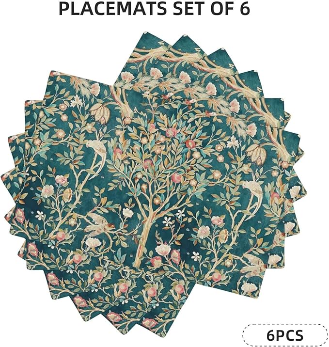William Morris Floral Prints Placemats for Dining Table Placemat Set of 6 Table Settings Table Mats for Home Kitchen Holiday Decoration Strawberry Thief-3