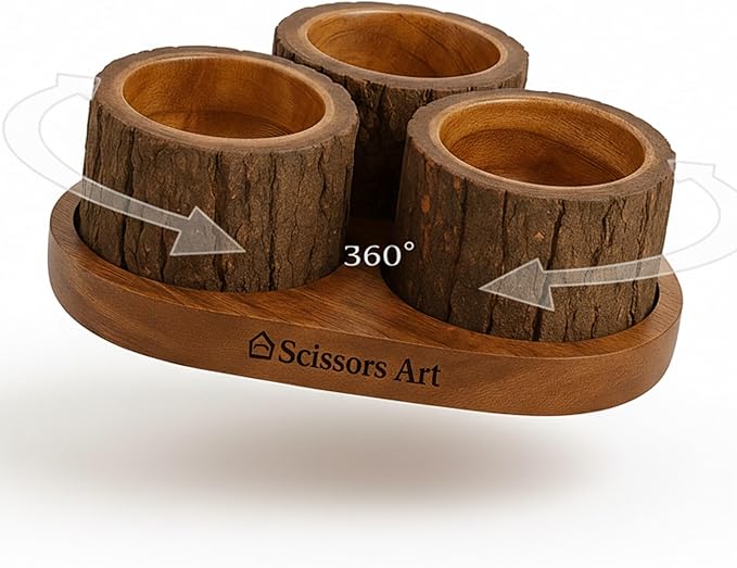 Wooden Snack Bowl Set with Tray – Mango Wood Dry Fruit & Nut Serving Bowls, Rotating Tree Bark Design, Rustic Wooden Candy Bowl Set for Home, Party & Gifting (3 Pieces with Tray)