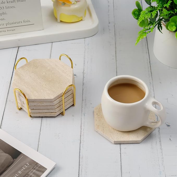 Octagonal Travertine Coasters Set of 6 with Gold Holder, Farmhouse Rustic Neutral Style Coaster for Home Table Decor, Porous Natural Travertine Absorbent Drink Coasters, Velvet Backed