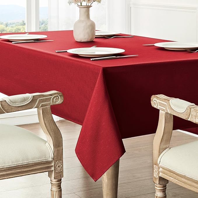 2 Pack Rectangle Tablecloth, 60x104 inch, Water Resistant Wrinkle Free Linen Textured Table Cloth Washable, Decorative Fabric Table Cover for Dining, Party and Camping, Red