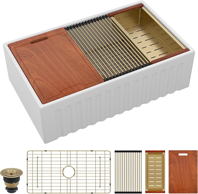 Sarlai White Farmhouse Sink - 33 Inch Farm Kitchen Sink Undermount Workstation Apron Front Reversible Ceramic Fireclay Single Bowl Farmer Sinks Basin 33 x 20 Inch With Gold Accessories