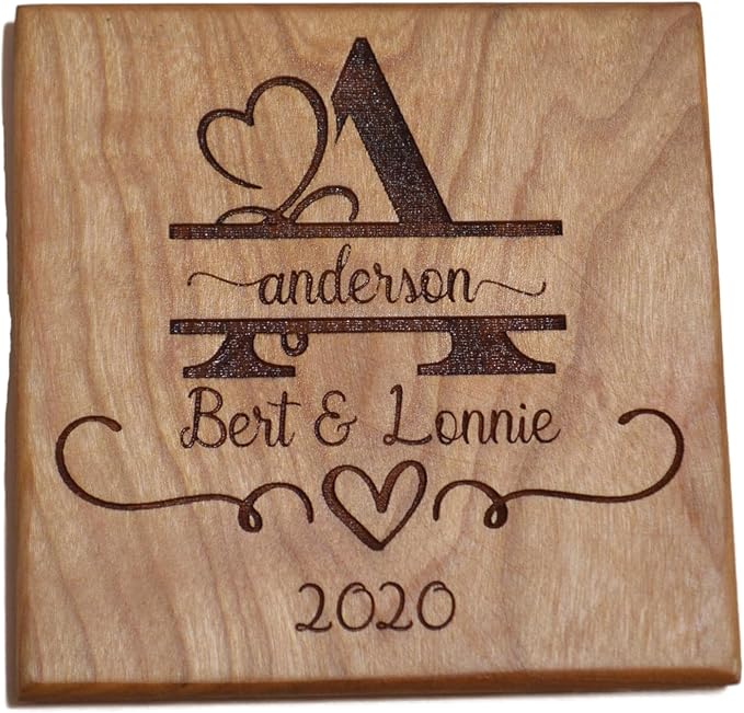 Personalized Wooden Coasters with Monogram, Wedding Date Engraved, Family Name- Choice of Wood (Wedding Couple)