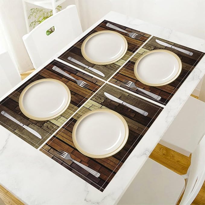Retro Plank Placemat Set, Rural Old Shabby Brown Beige Farmhouse Barn Wooden Board Pattern Home Decor Linen Table Mats for Dining Room Kitchen Party (17x12in) x4P