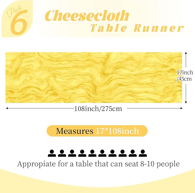 6 Pack Lemon Yellow Cheesecloth Table Runner, 17 x 108 Inch, Gauze Cheese Cloth - Image 2