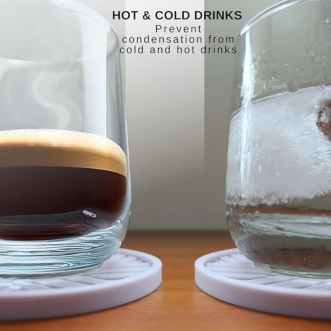 Silicone Drinks Coasters Set of 6 - with Smart, Modern Groove Patterns & Gold Holder Protecs Your cofee Table from Condensation Cups, muggs Home, Office, bar Decor - Lavander White