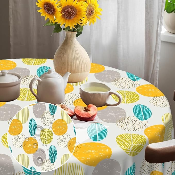 Laeacco 54 Inch Geometric Round Tablecloth Colorful Abstract Oval Leaf Pattern Modern Art Print Table Cloth Washable Waterproof Wrinkle Free Table Cover for Kitchen Dining Picnic Party Decoration