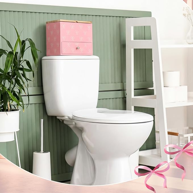 Pink Bow Tampon Holder for Bathroom Wood Feminine Product Organizer with Drawer and Lid Pad and Tampon Organizer Bathroom Accessories Storage Box for Pink Bow Washroom Period Box