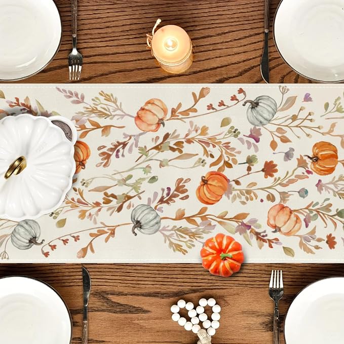 RABUSOFA Orange Pumpkins Floral Fall Table Runner, Seasonal Autumn Kitchen - Image 4
