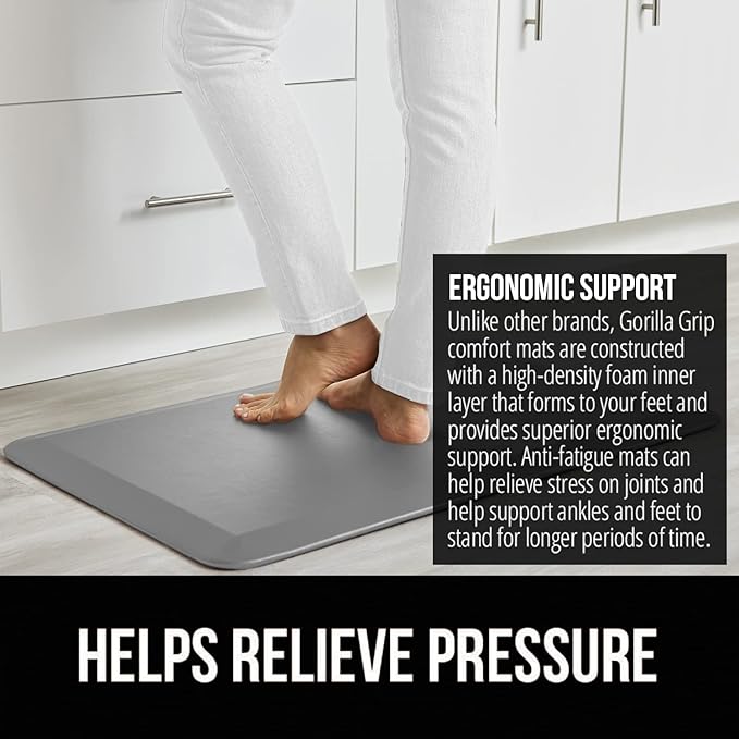 GORILLA GRIP Comfortable Cushioned Kitchen Mats for Floor, 39x20, Waterproof and Stain Resistant Soft Top, 3/4 Inch Thick Ergonomic Standing Desk Anti Fatigue Mat, Foam Supports Ankles and Feet, Grey