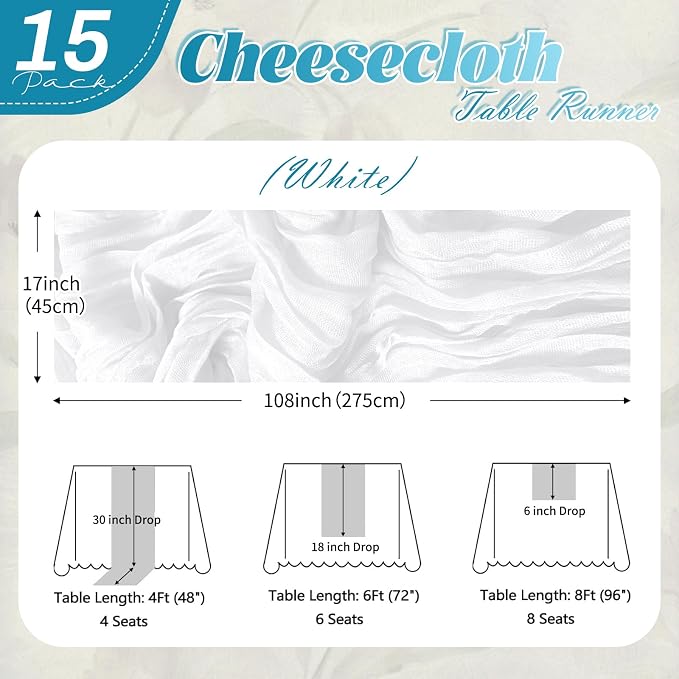 15 Pack White Cheesecloth Table Runner 17 x 108 inch Cheese Cloth Table Runners - Image 2
