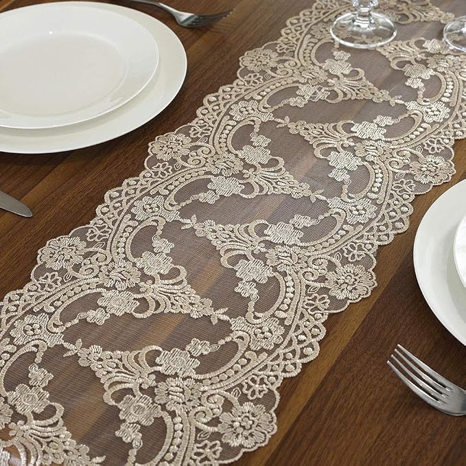 ARTABLE Champagne Lace Table Runner Macrame Dresser Scarf 10 x 47 Inch | - Image 4