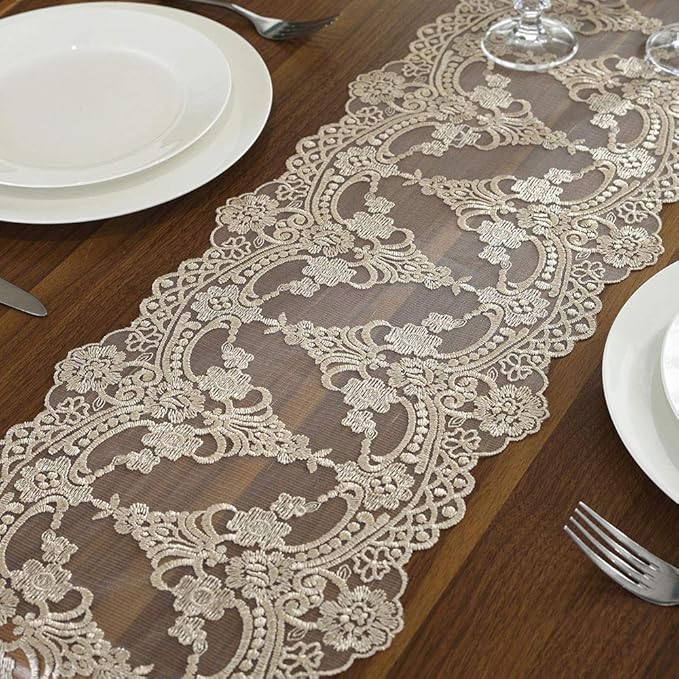 ARTABLE Champagne Small Lace Table Runner Macrame Dresser Scarf 10x36 Inch | - Image 5